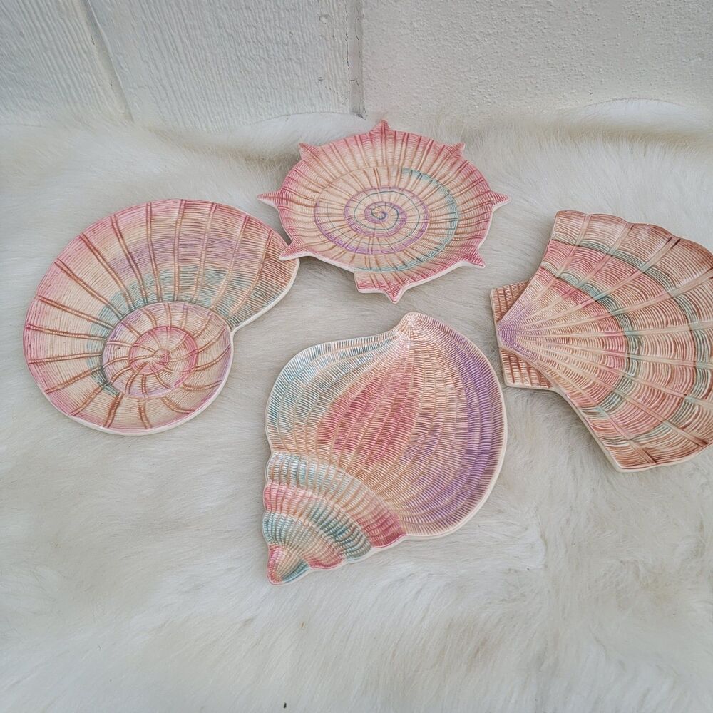 4 Vintage Fitz & Floyd Omnibus Sea Shells Nautical Salad Serving Plates Set